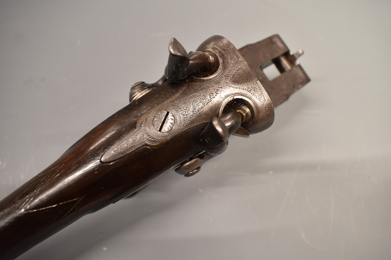 J V  Needham 12 bore side by side hammer action shotgun stock and action with named and engraved - Image 5 of 6