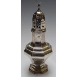 Elkington & Co. George V hallmarked silver sugar caster of octagonal baluster form, Birmingham 1912,