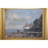 Early 20thC impressionist oil on board coastal landscape with beached boat by a cottage with