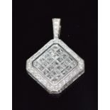 A 18ct white gold pendant set with square and round cut diamonds by Davril London, 1.6cm square, 5.