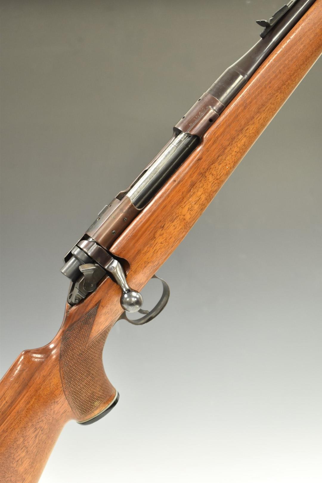 BSA .303 bolt-action rifle with chequered semi-pistol grip, adjustable sights, sling mounts and 24