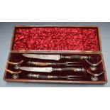 Victorian oak cased carving set with deer horn handles, knife rests, and VR cipher to blades