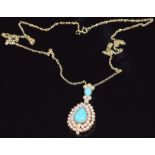 A 9ct gold necklace set with seed pearls and faux turquoise, 4.2g