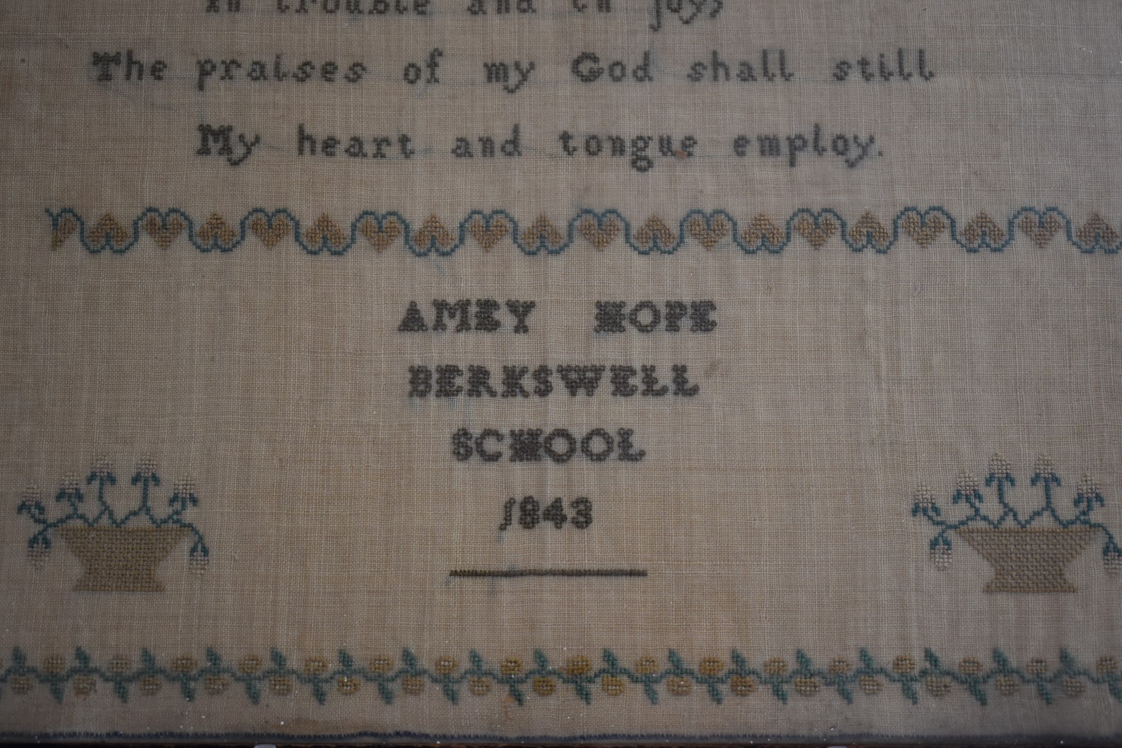 Victorian embroidery/ sampler by Amey Hope, Berkswell School, near Coventry, 1843, 34 x 35cm - Image 3 of 3