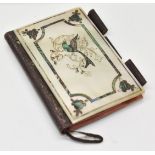 19thC inlaid abalone/mother of pearl ladies dance card holder with bird decoration, silk interior