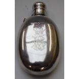 Victorian hallmarked silver oval hip or spirit flask with screw on lid retained by a chain, the body