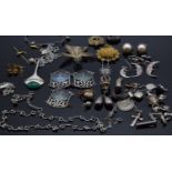 A collection of silver jewellery including earrings, necklace, filigree brooches,