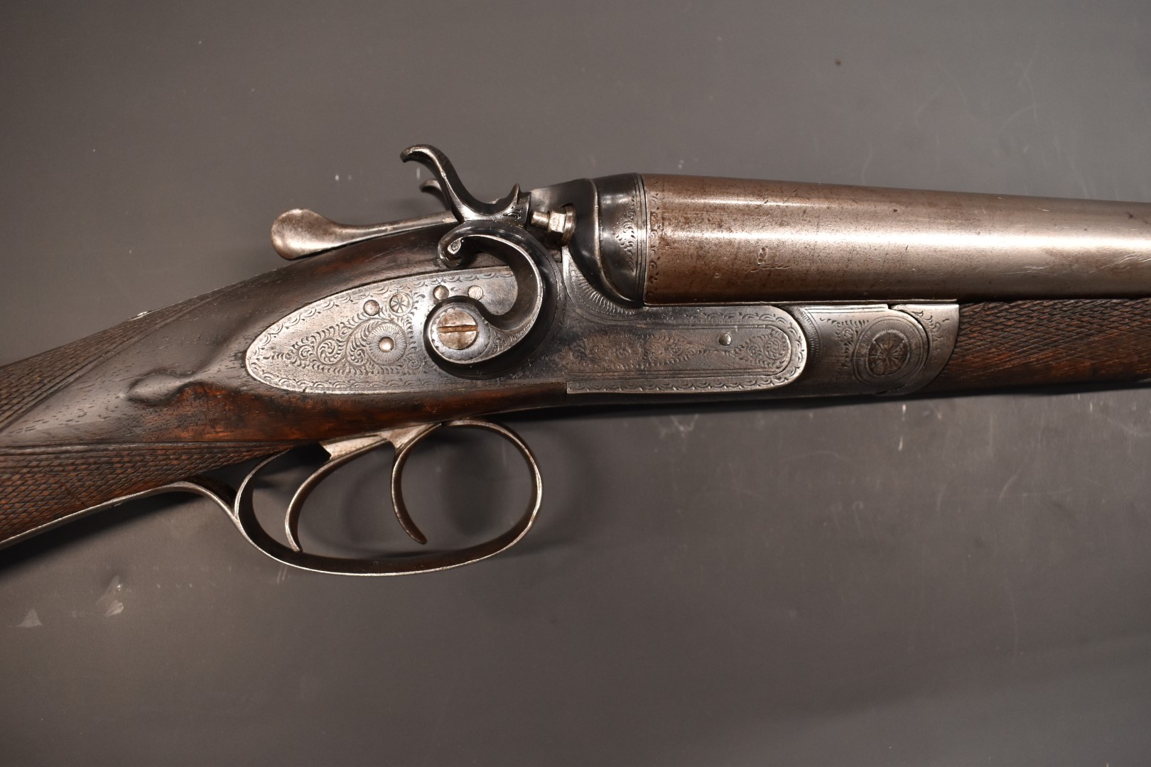 English 12 bore side by side hammer action shotgun with engraved locks, stylised hammers, trigger - Image 3 of 11