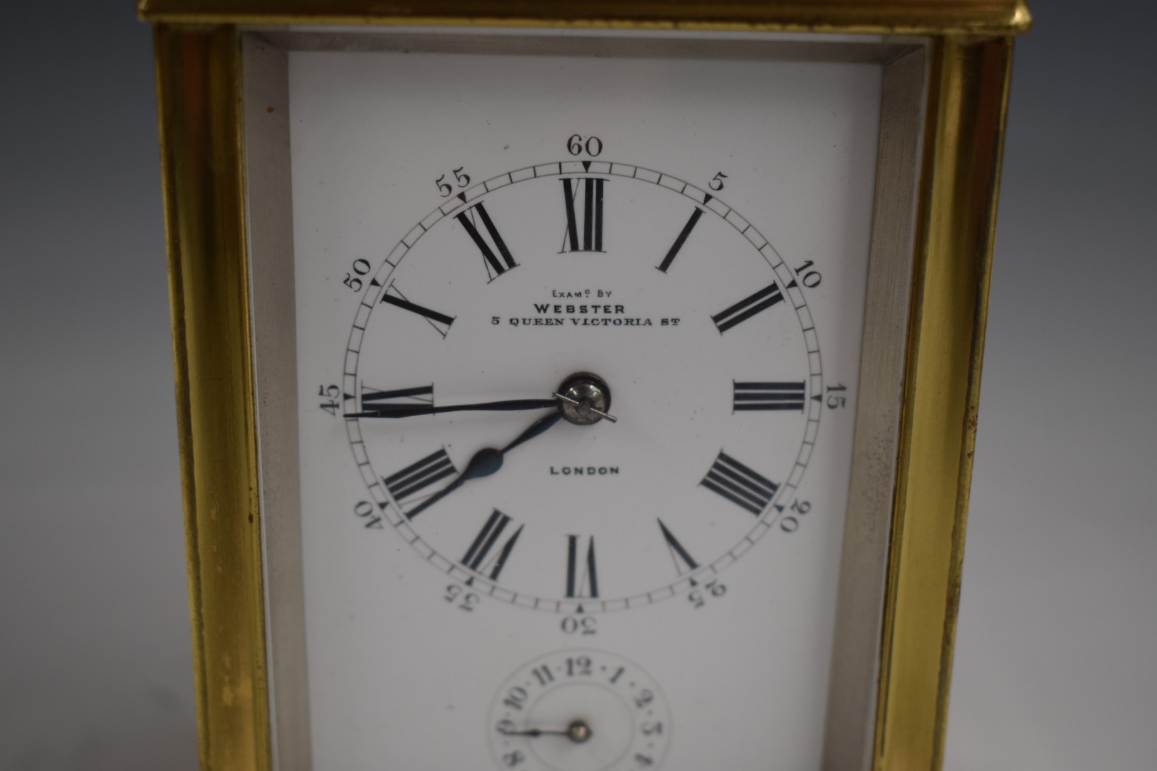 19thC half-hourly repeater brass carriage clock, the enamelled Roman and Arabic dial with alarm - Image 3 of 6