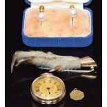 A 9ct gold mounted rabbit foot, a pair of 9ct gold earrings set with a pearl to each, a 14k gold fob