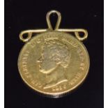Italian 1836 Carlo Alberto 20 lire gold coin with pendant mount, 6.7g