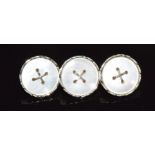 Three 18ct gold buttons set with mother of pearl, 5g