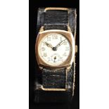 9ct gold cushion shaped gentleman's wristwatch with inset subsidiary seconds dial, luminous blued