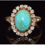 Early 19thC yellow metal ring set with a turquoise cabochon surrounded by diamonds, 4.5g, size K