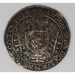 Mattias II 1616 Austro-Hungarian Taller coin. Obverse: frilled draped bust MATTHIAS - DG ROIMS - AVE