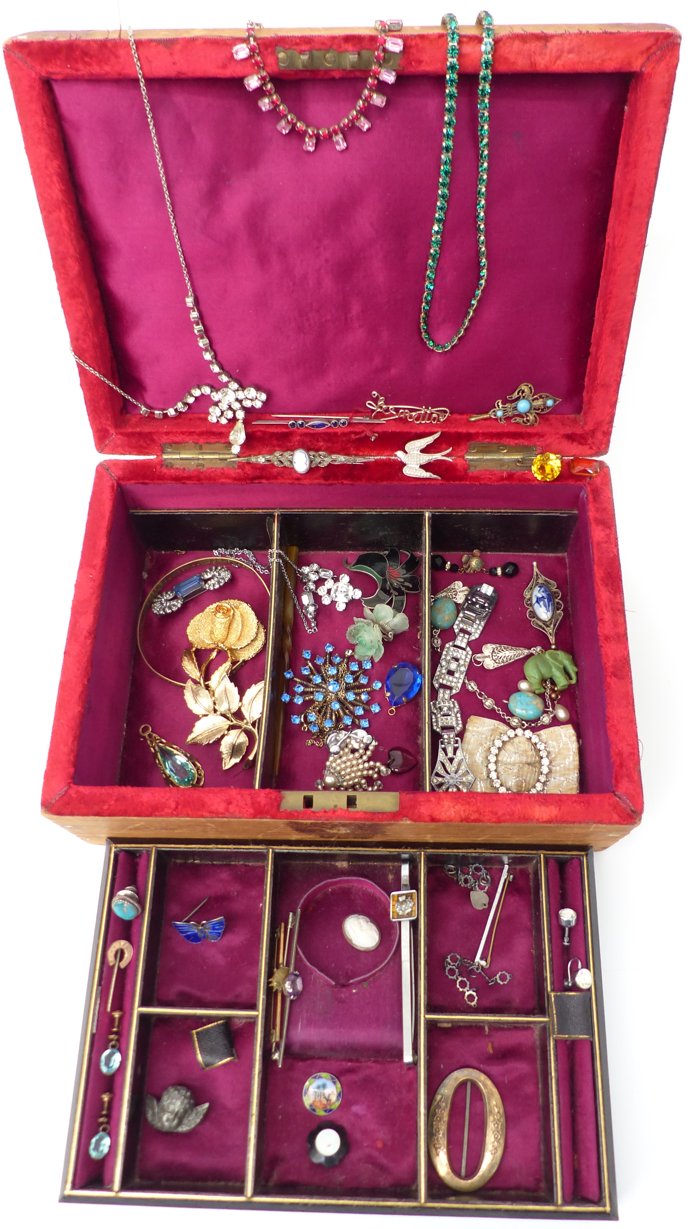 A collection of costume jewellery including diamanté necklace, brooches including filigree, silver
