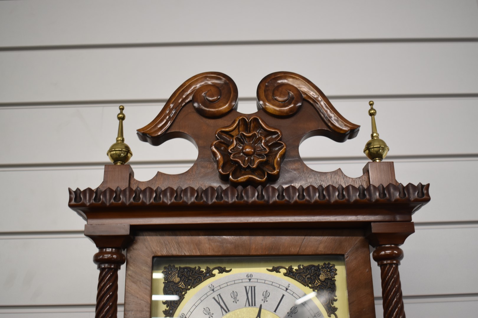 Late 20thC German pillar wall clock with three train chiming movement, carved marquetry inlaid - Image 4 of 4