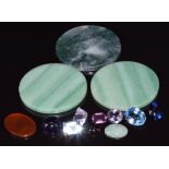 Two loose aquamarines, amethyst cabochons, garnet cabochon, moss agate plaque, agate plaque, etc