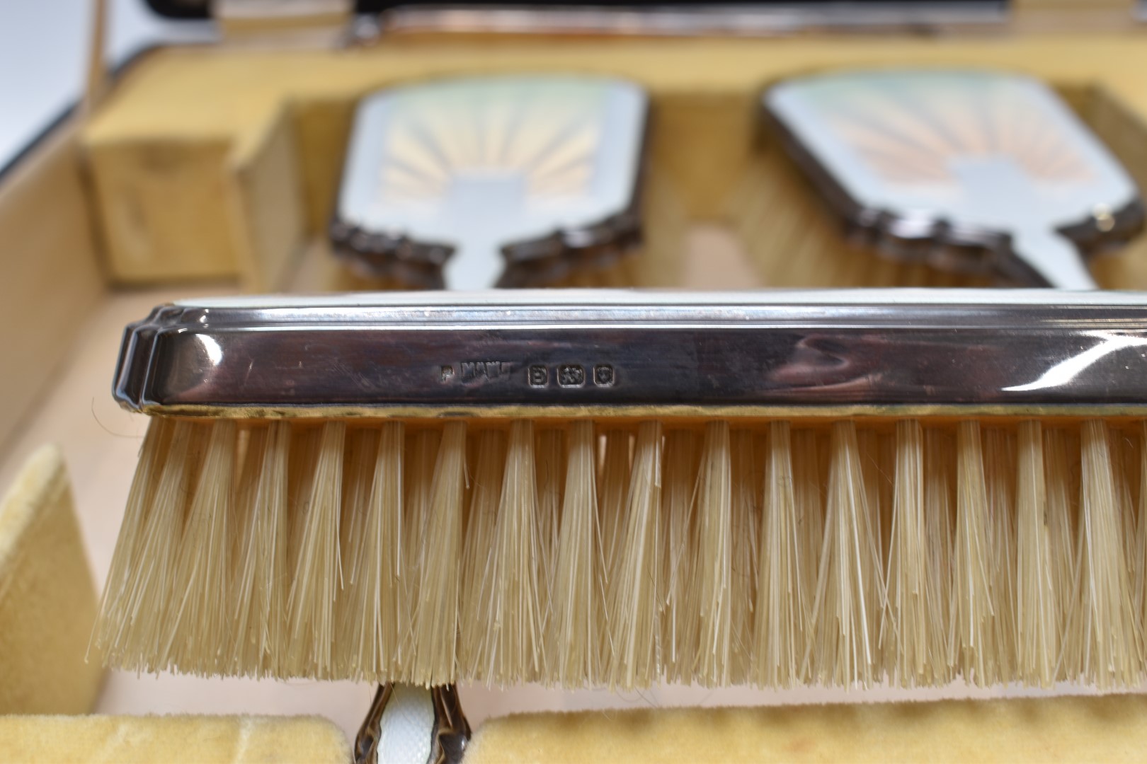 Art Deco Mappin & Webb white guilloché enamel hallmarked silver dressing table set comprising hand - Image 5 of 5