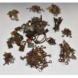 A large collection of vintage padlocks, locks and keys, 17th/18thC onwards, including cycle lock pat