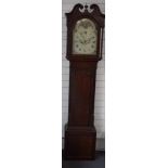 Georgian oak cased longcase clock, indistinct T Mawkis Derby to painted Roman dial decorated with