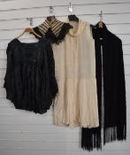 A c1920 flapper dress, piano shawl, lace collar and smock