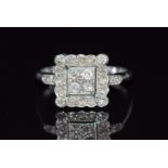 Art Deco 18ct white gold ring set with rose cut and old cut diamonds in a square setting, 3g, size