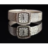 Bueche Girod 9ct white gold ladies wristwatch with black hands and baton markers, textured dial