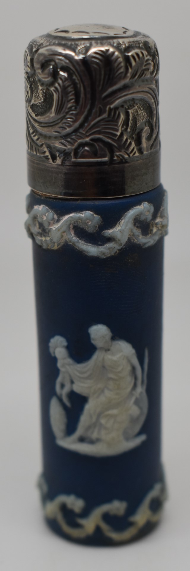 Victorian hallmarked silver lidded Wedgwood or similar porcelain scent bottle, Birmingham 1989 maker