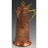 WMF Art Nouveau copper and brass jug with hinged lid, H30cm
