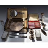 Hallmarked silver mounted items to include octagonal coaster or tray, brushes, hand mirror, silver