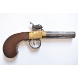 Unnamed single barrel percussion hammer action pocket pistol with engraved brass frame and top