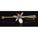 Edwardian brooch in the form of a fly set with an opal, sapphire, seed pearls and ruby eyes, 4cm,
