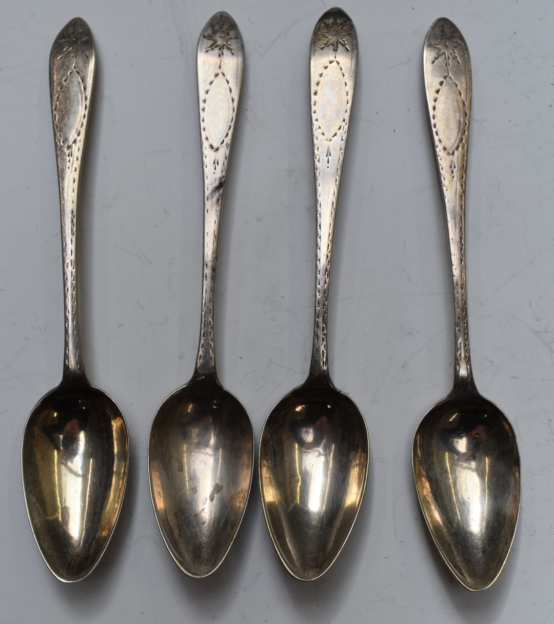 Set of four Irish provincial silver teaspoons marked Heyland Sterling, a James Heyland was a Cork