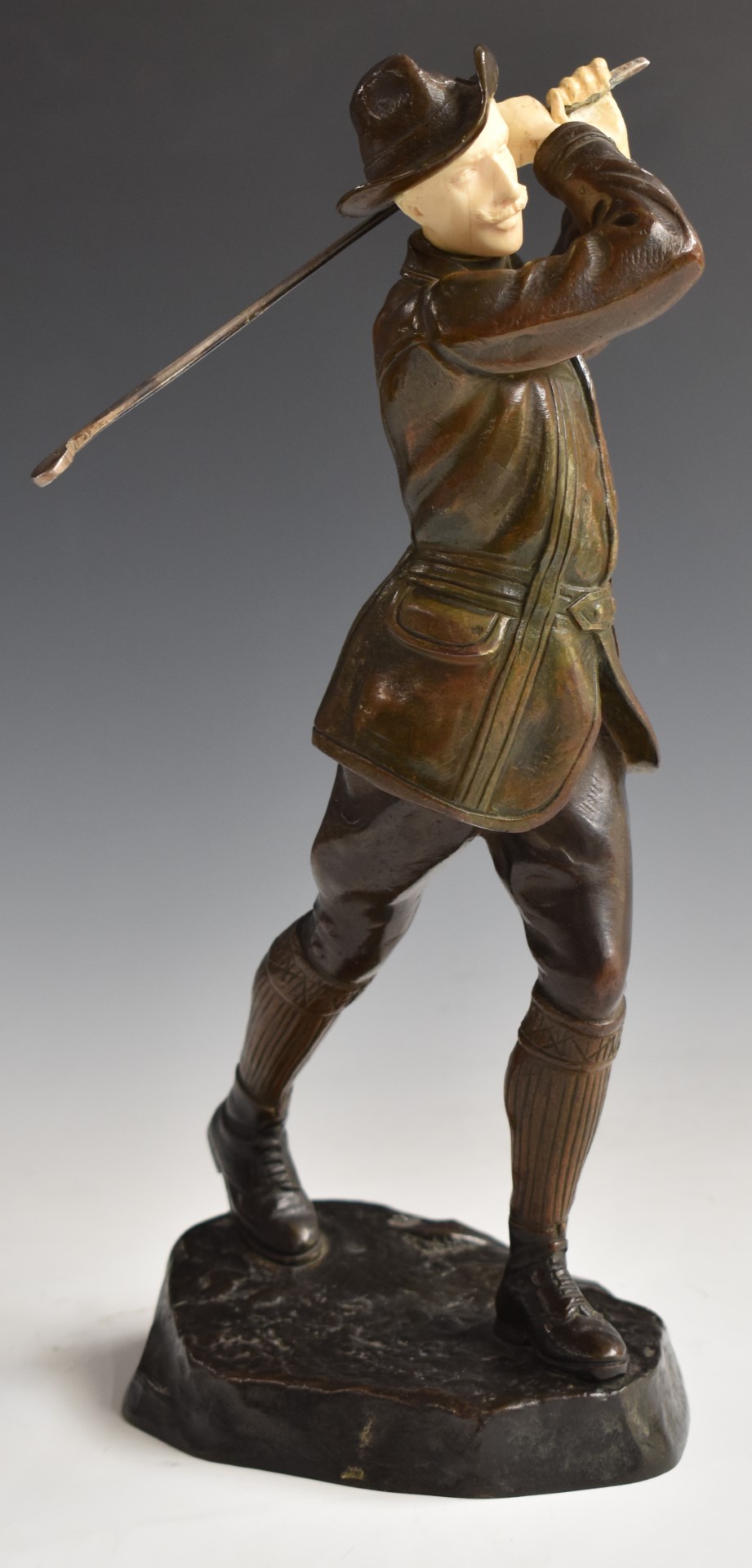 Early 20thC bronze and ivory figure of an Austrian or similar gentleman golfer in the manner of - Image 2 of 7