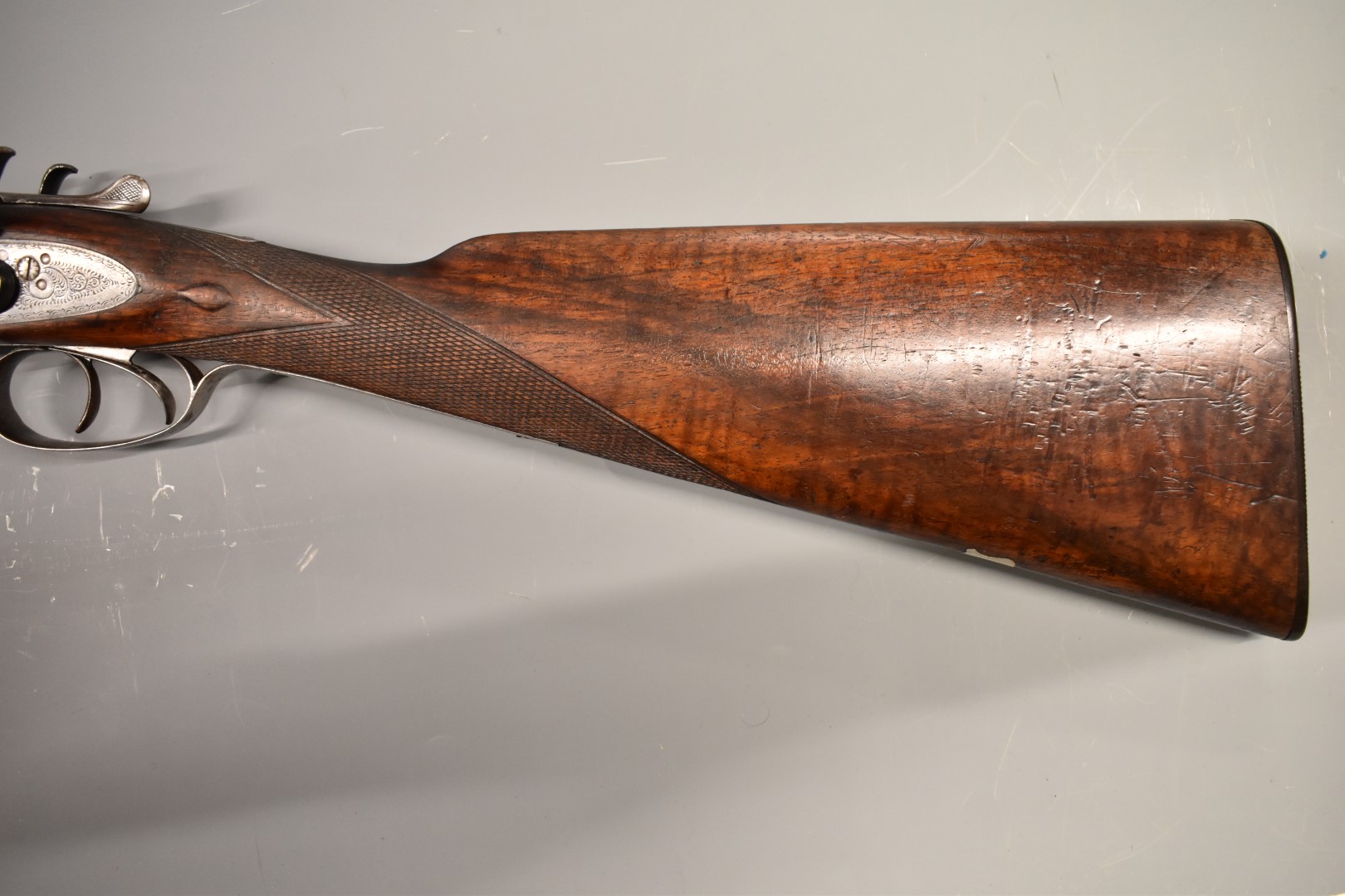 English 12 bore side by side hammer action shotgun with engraved locks, stylised hammers, trigger - Image 8 of 11