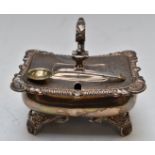 Victorian hallmarked silver footed mustard with scrolling C handle, shell decoration and blue