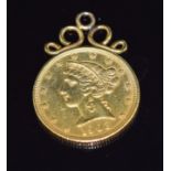 American 1902 liberty head half eagle five dollar gold coin with pendant mount, 8.8g