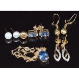 A 9ct gold necklace and earrings set with mystic topaz, three pairs of 9ct gold earrings and a