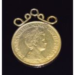 Dutch 1912 Wilhelmina 10 Gulden gold coin with pendant mount, 7.2g