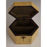 Georgian octagonal two division abalone tea caddy with key, W15.5 x D11 x H12cm