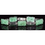 Art Deco white gold bracelet set with carved jadeite plaques,12.6g