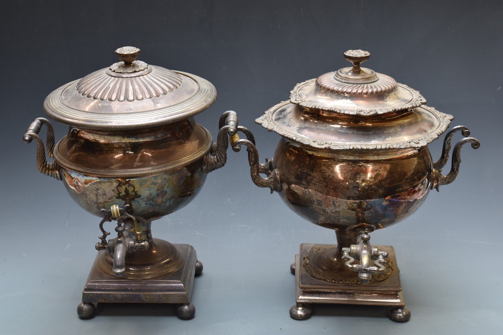 Two 19thC silver plated samovars, each approximately 41cm tall