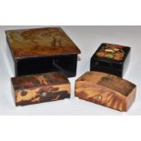 Two signed Russian lacquer boxes, length of larger 10.5cm, and two 19thC tortoiseshell snuff boxes
