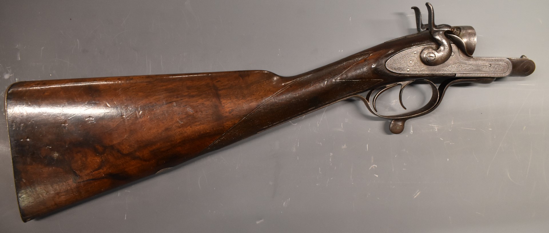 J V  Needham 12 bore side by side hammer action shotgun stock and action with named and engraved