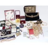 A collection of costume jewellery including silver necklace, silver earrings, faux pearls etc