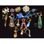 A collection of single earrings including Victorian, jade, agate, garnet, coral, diamond, opal, etc