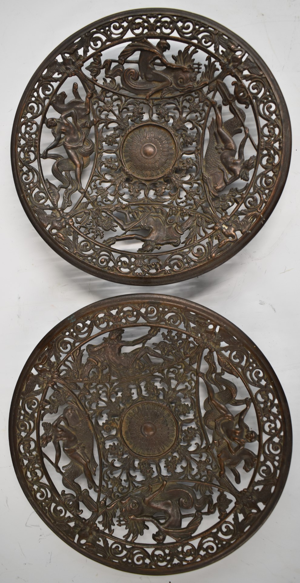 A pair of Coalbrookdale bronze dishes with pierced decoration of Greek gods atop fish and mythical - Image 4 of 6