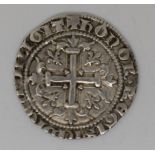 Hammered silver medieval c1300-1350 coin possibly Italian, enthroned king obverse, cross and fleur
