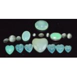 Eight loose chrysoberyl cabochons, seven heart cut chrysoprase and three other chrysoprase